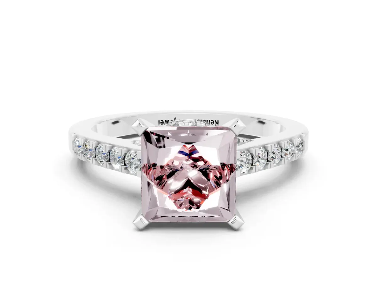 Princess Cut Morganite Solitaire Ring with Crossover Gallery and Round Pavé Band Silver