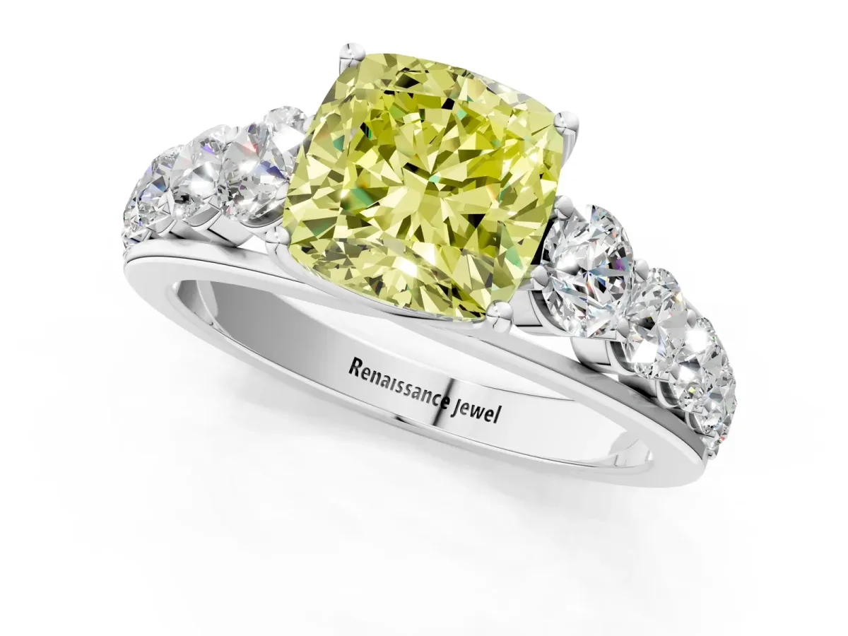 Fancy Yellow Cushion Cut Brilliant Diamond Pavé Band with Six-Prong Setting Silver