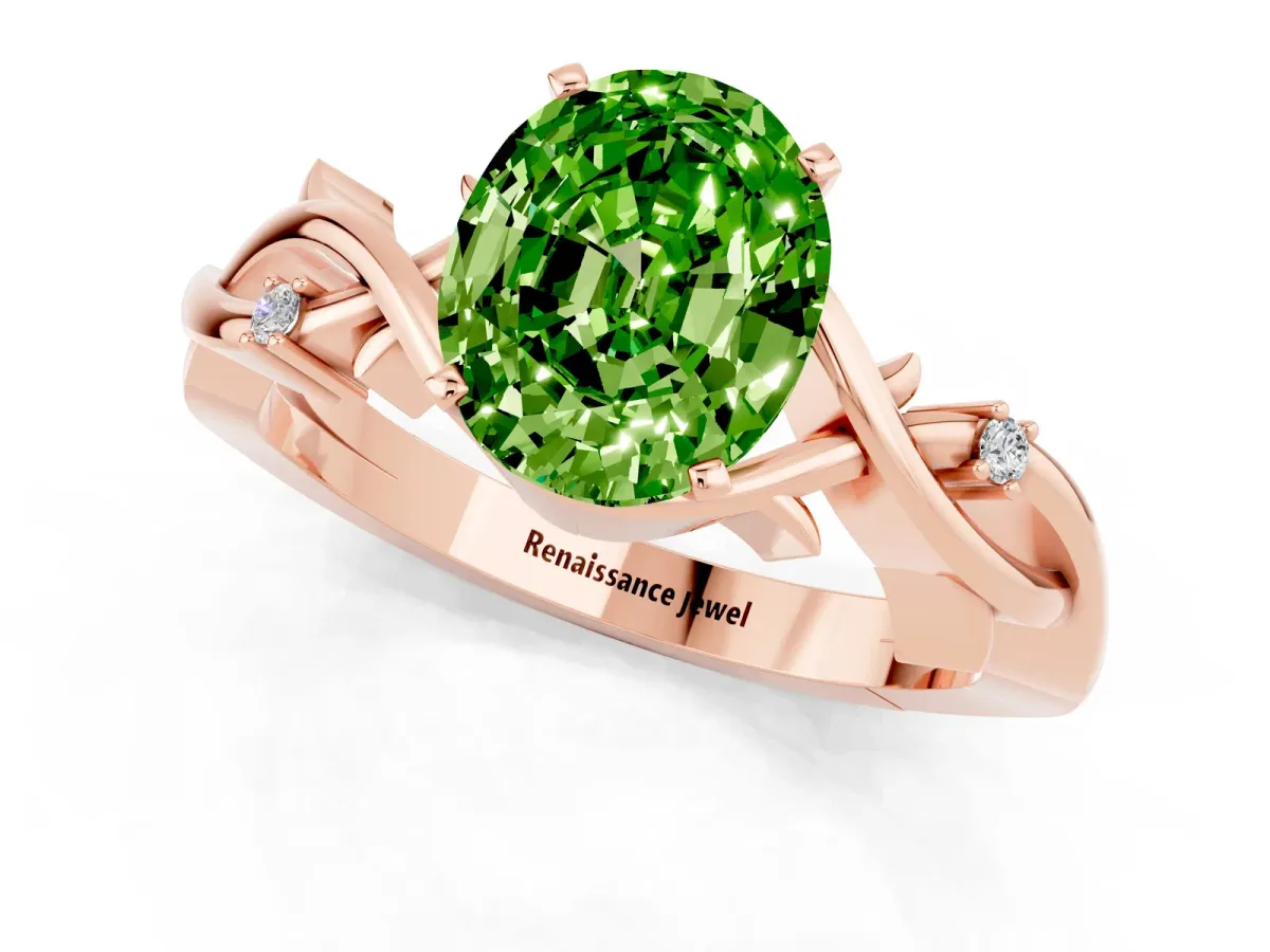 Oval Cut Peridot Solitaire Ring with Twisted Band and Prong Setting Rose gold