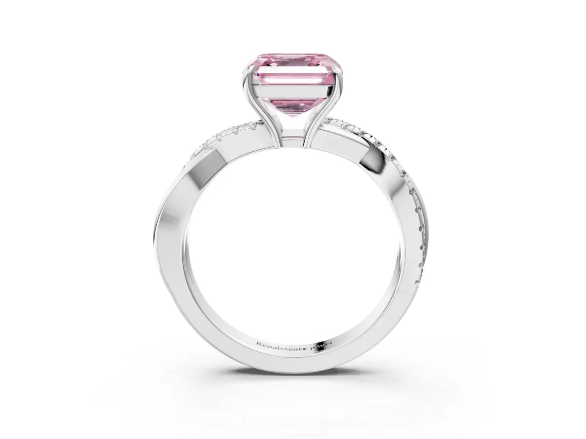 Fancy Pink Asscher Cut Cut Diamond Twisted Band with Pavé Setting and Four-Prong Setting Platinum