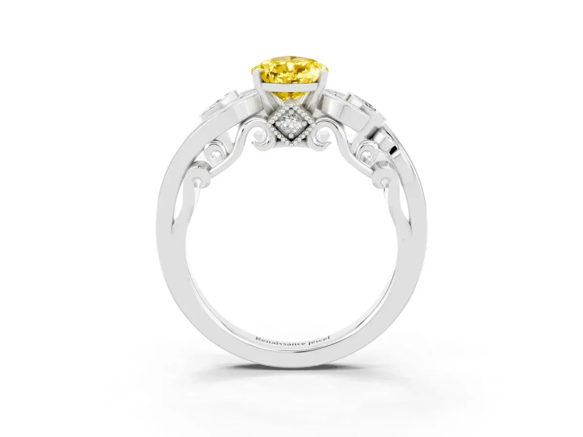 Pear Cut Yellow Sapphire Solitaire Ring with Milgrain Pavé Band and Four-Prong Setting Silver