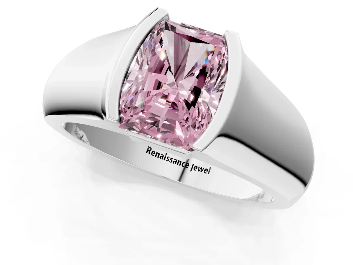 Fancy Pink Radiant Cut Solitaire Bezel Set Diamond Ring with Wide Band Platinum