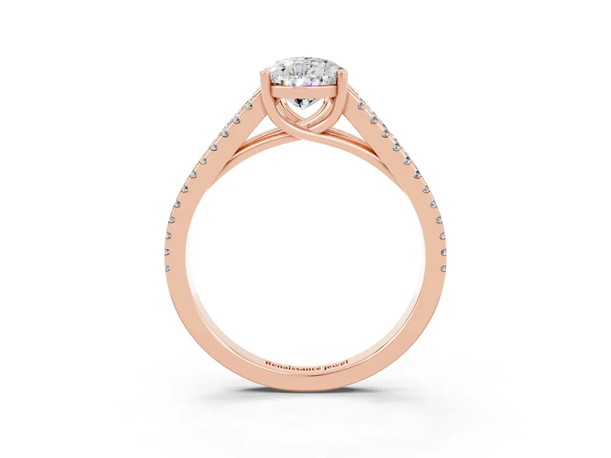 Pear Cut Moissanite Solitaire Engagement Ring with Split Shank Pavé Band Rose gold