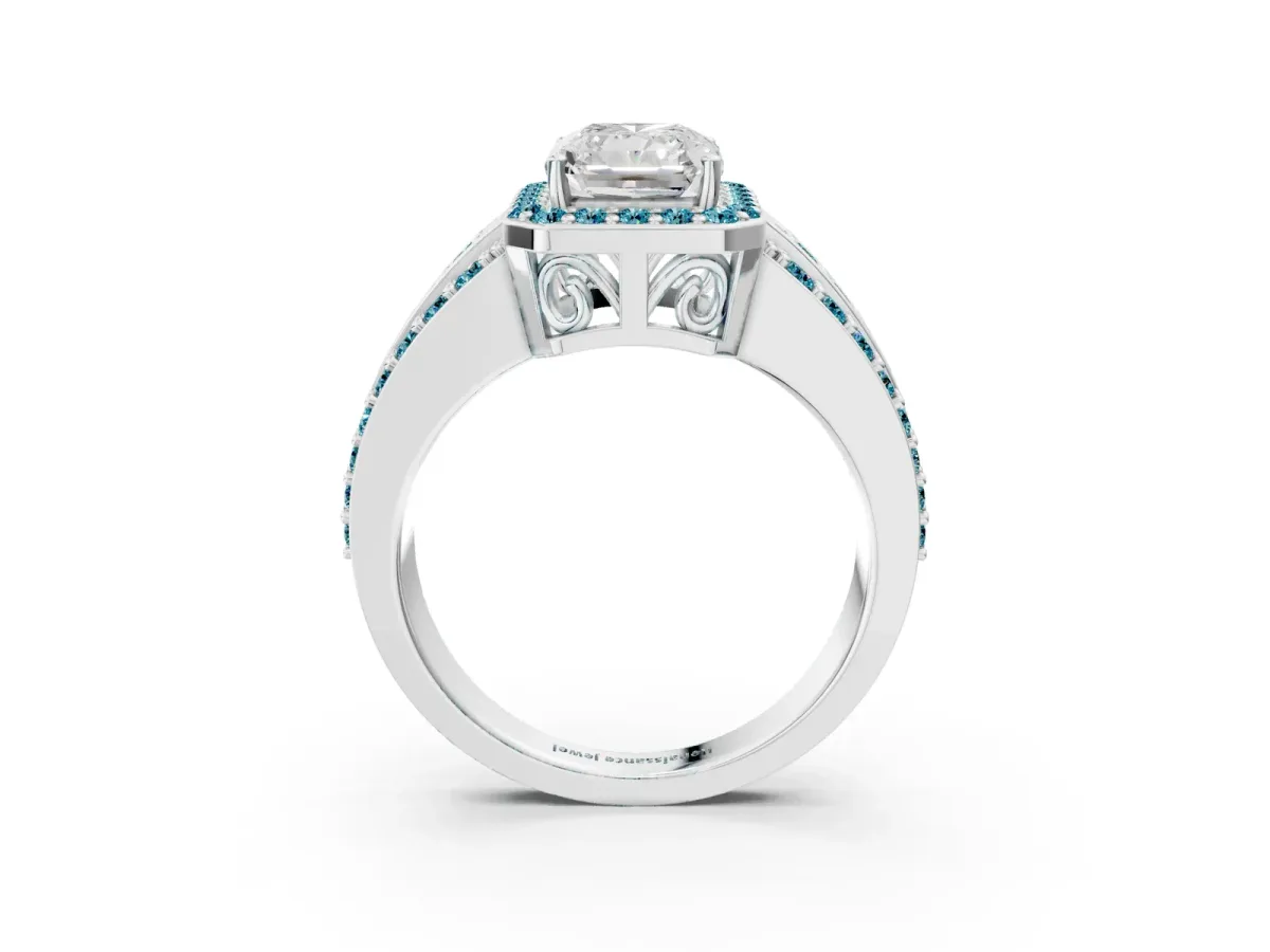 Radiant Cut Halo Diamond Ring with Round Blue Topaz Split Shank and Prong Setting Silver