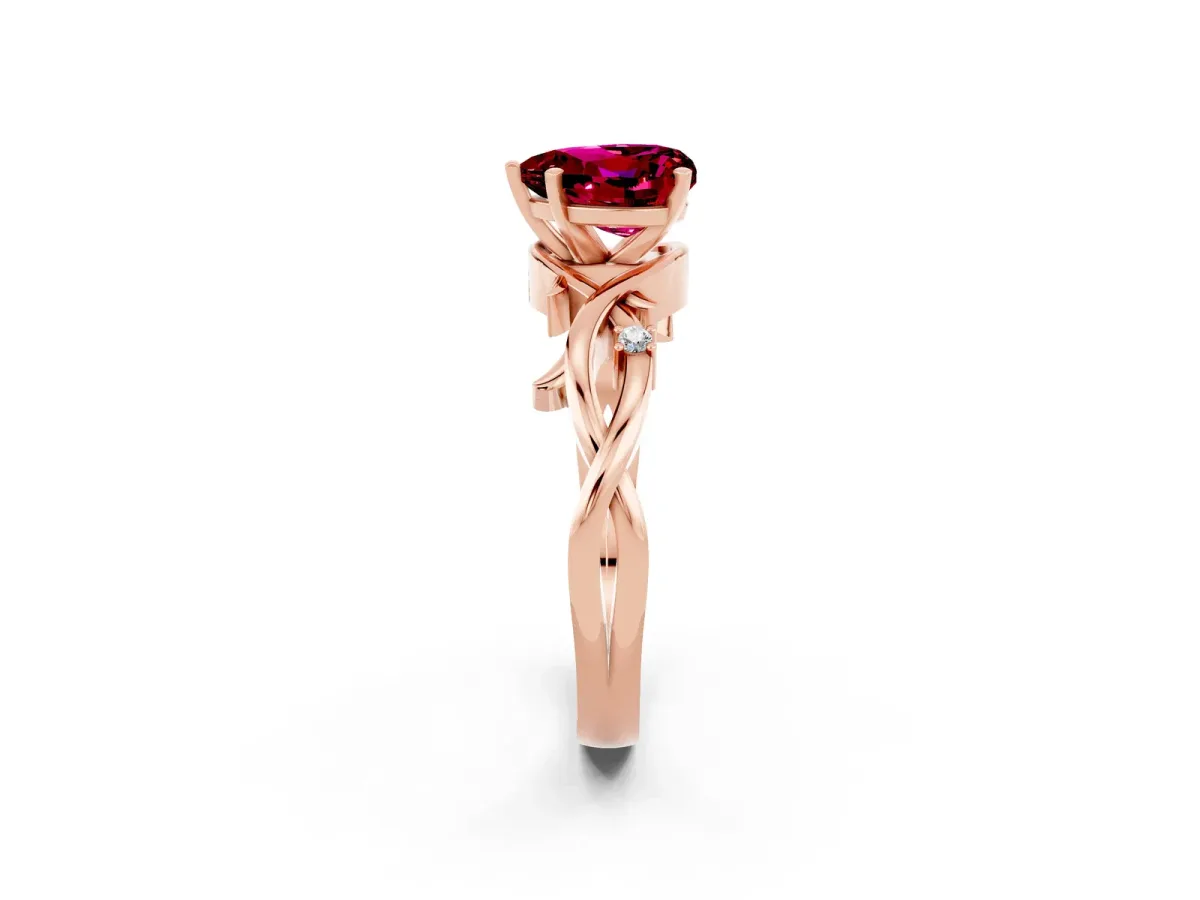 Heart Cut Garnet Solitaire Ring with Twisted Band and Prong Setting Rose gold