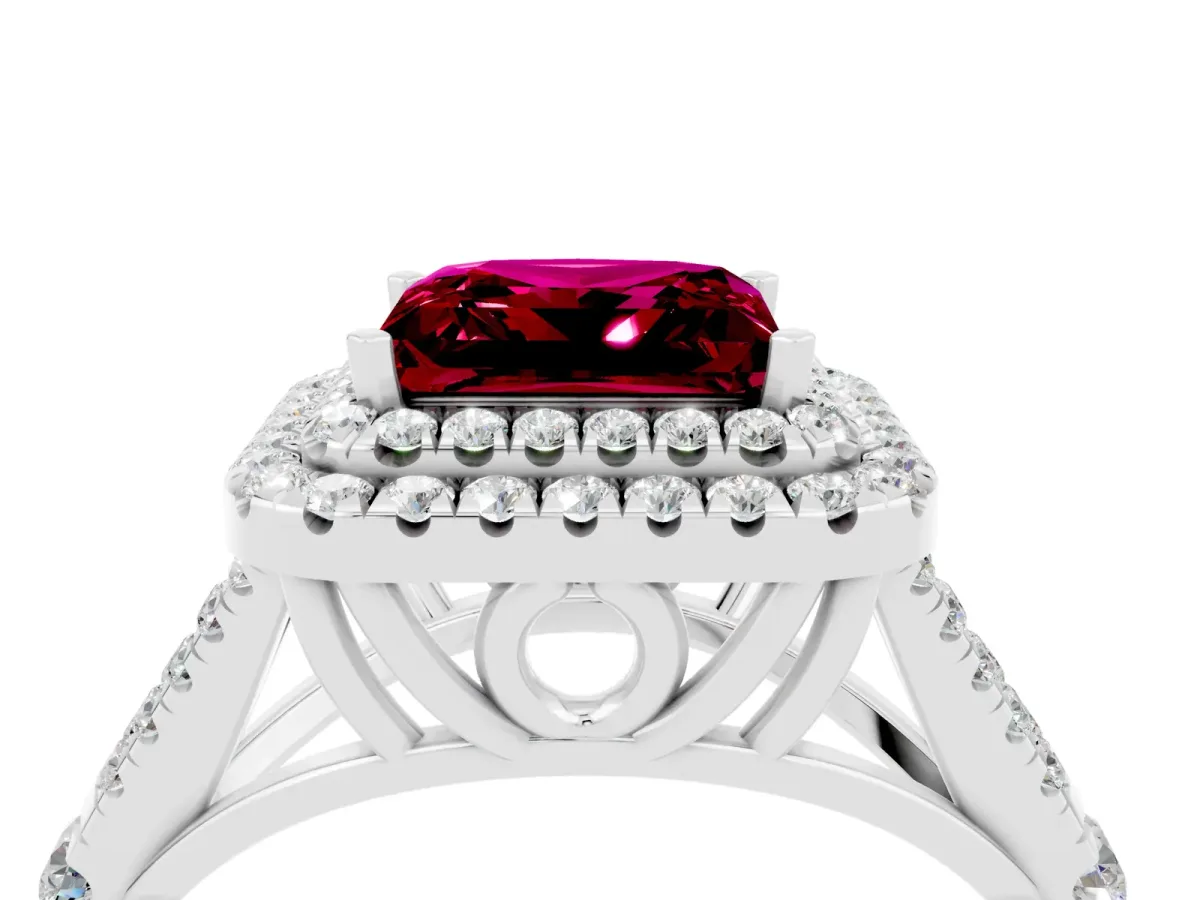 Double Halo Princess Cut Garnet Split Shank Engagement Ring with Four-Prong Setting White gold