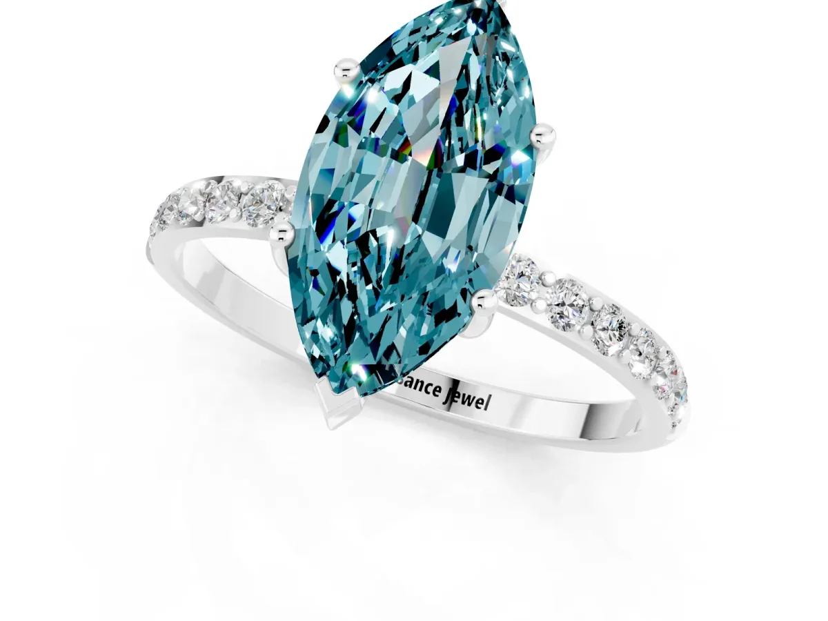 Marquise Cut Blue Topaz Solitaire Ring with Round Pavé Band and Prong Setting Silver