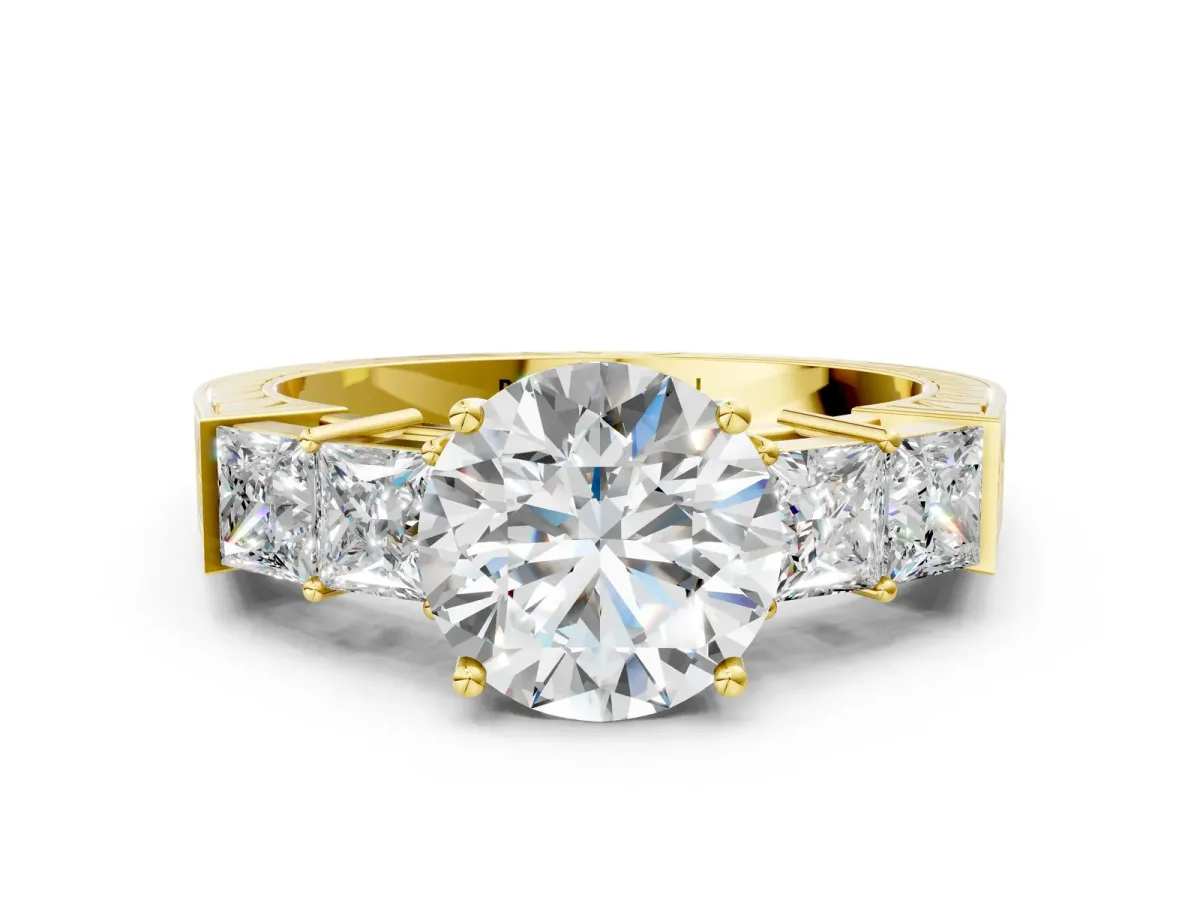 Round Cut Solitaire Princess Side Stone Engraved Band Prong Setting Ring Yellow gold
