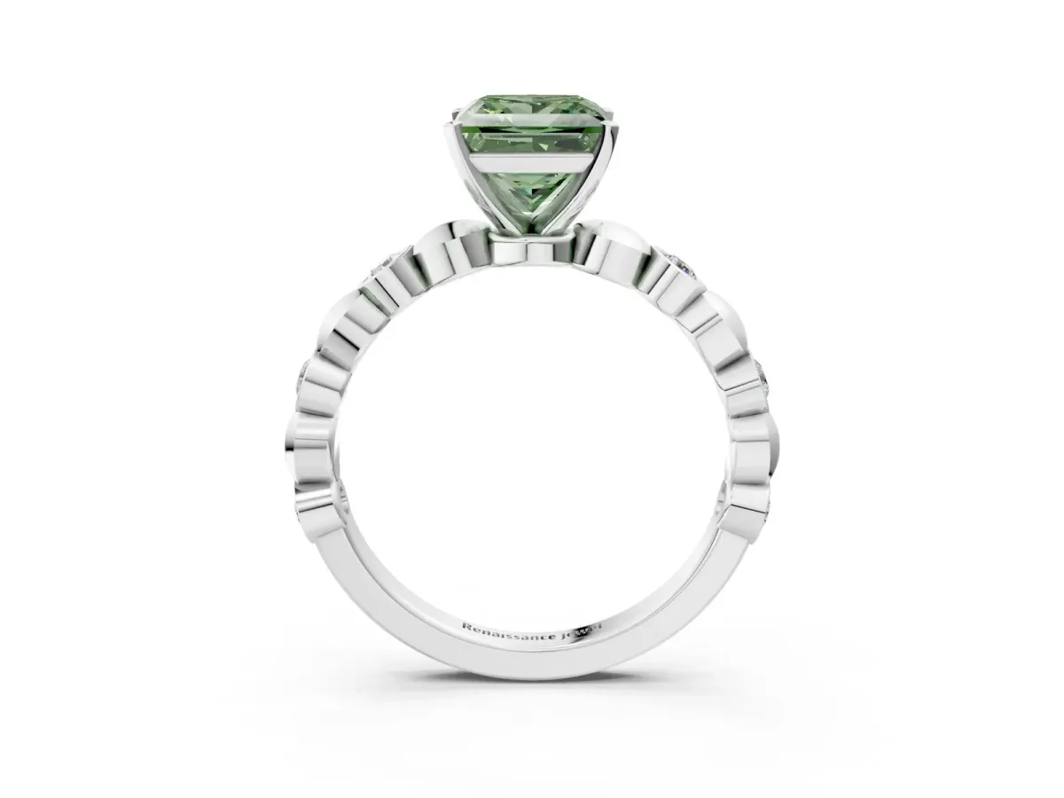 Fancy Green Princess Cut Solitaire Bezel-Set Diamond Ring with Beaded Band and Four-Prong Setting Silver