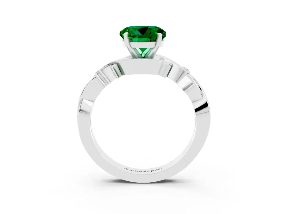 Round Cut Emerald Solitaire Ring with Twisted Band and Prong Setting Platinum