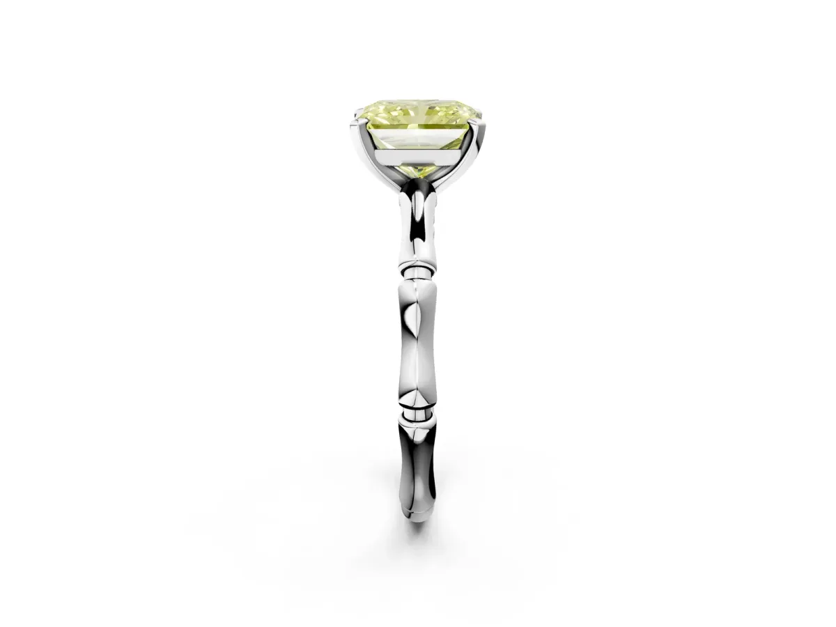 Fancy Yellow Radiant Cut Solitaire Diamond Ring with Bamboo Band and Four-Prong Setting Platinum