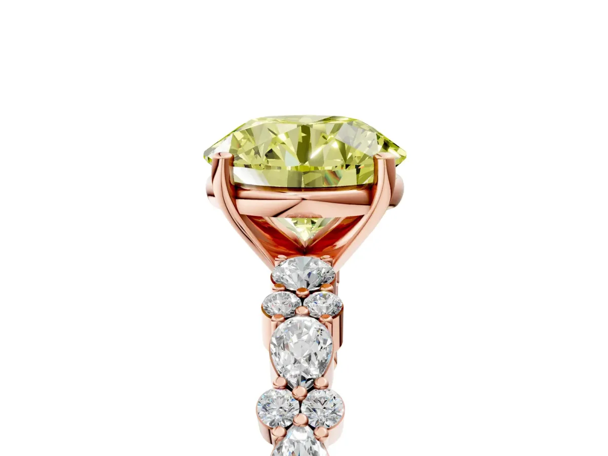 Fancy Yellow Round Cut Diamond Side Stone Solitaire Ring with Round and Four-Prong Setting Rose gold