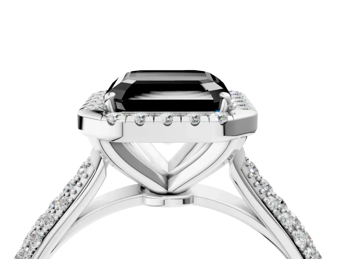 Fancy Black Asscher Cut Halo Diamond Ring with Pavé Band Platinum