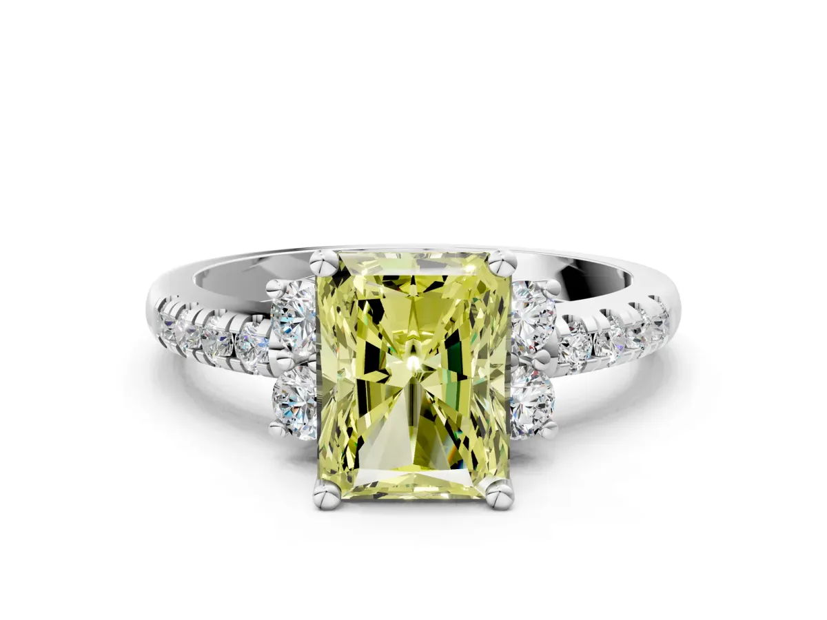 Fancy Yellow Radiant Cut Diamond Three-Stone Pave Band with Four-Prong Setting Platinum