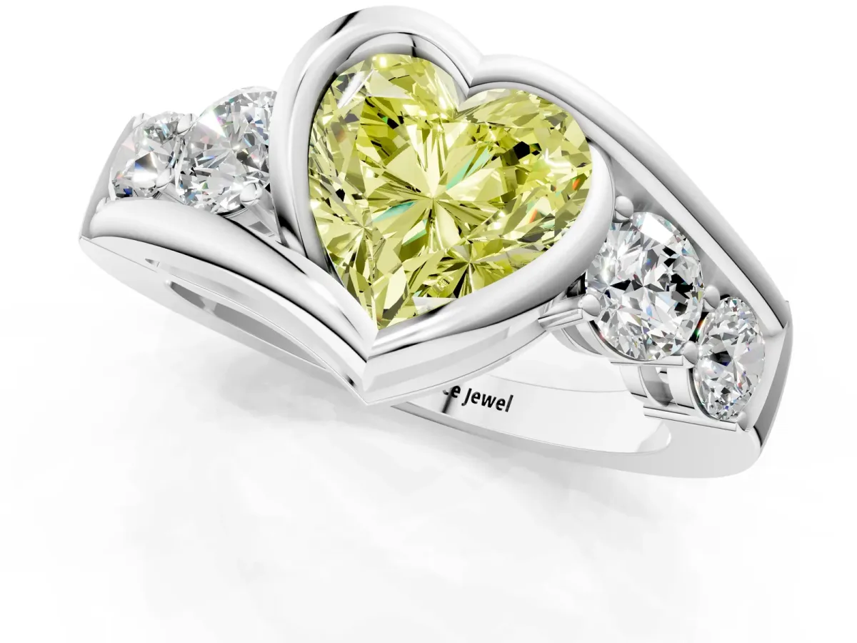 Fancy Yellow Bezel Set Heart Cut Diamond Bypass Ring with Round Accents Silver