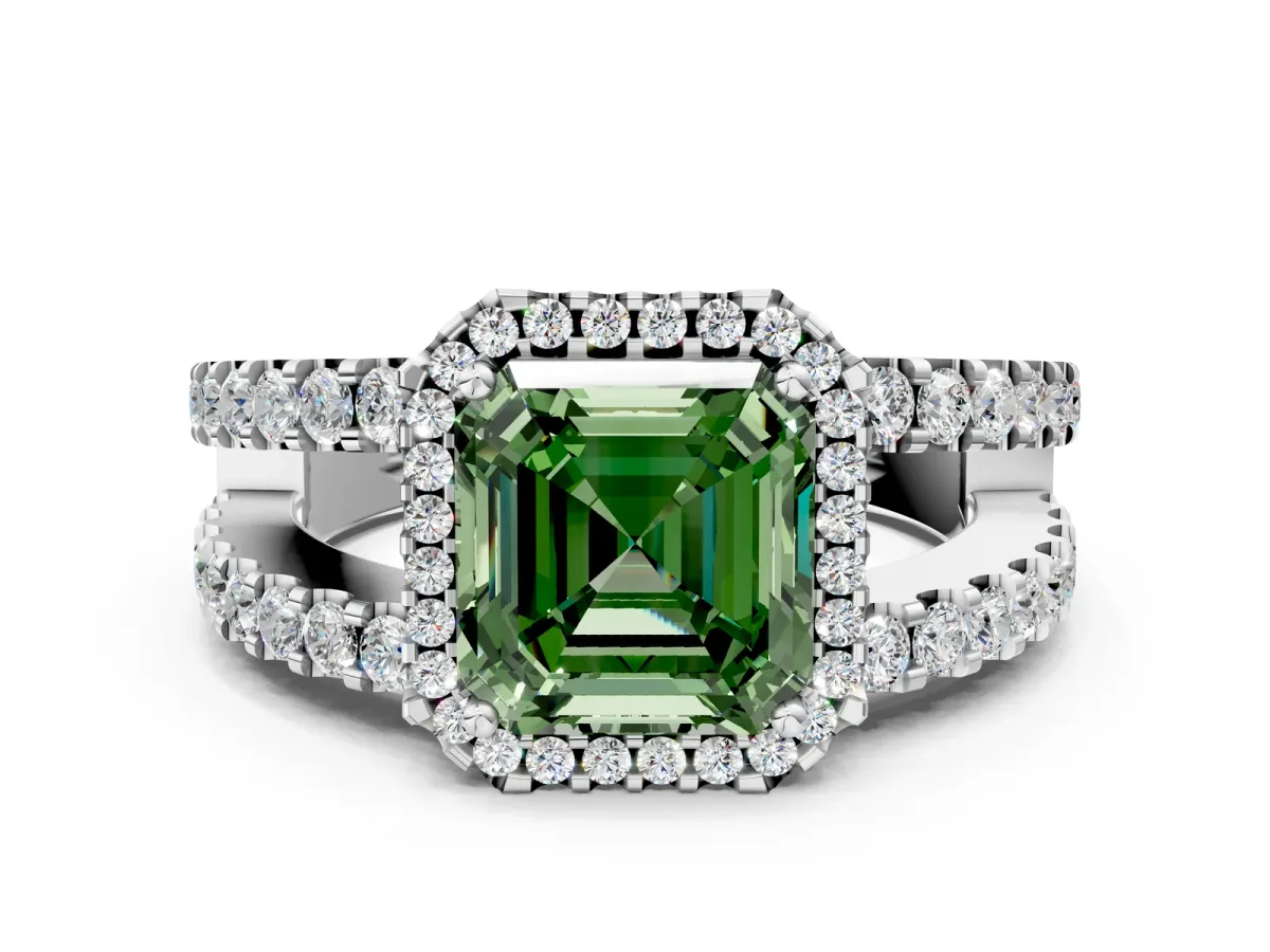 Fancy Green Asscher Cut Cut Halo Split Shank Diamond Ring with Four-Prong Setting Platinum
