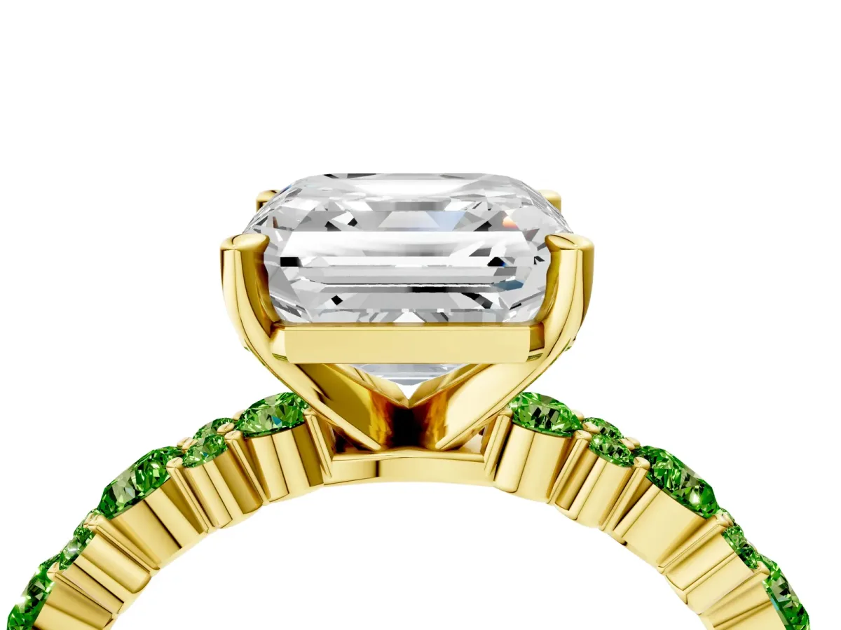 Asscher Cut Diamond Side Stone Solitaire Ring with Round Peridot and Four-Prong Setting Yellow gold