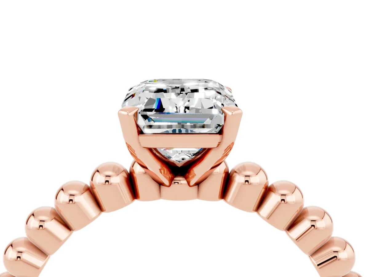Emerald Cut Moissanite Solitaire Ring with Beaded Band and Prong Setting Rose gold