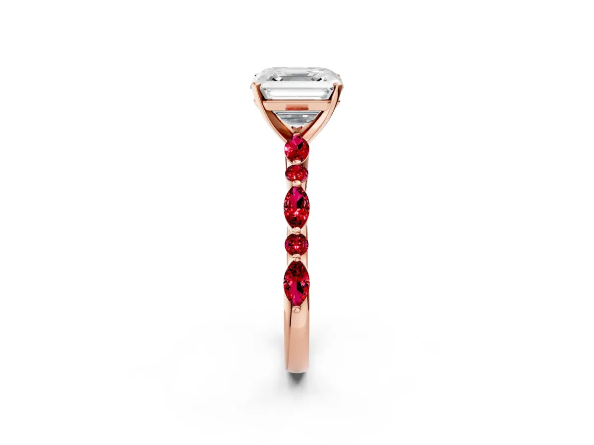 Asscher Cut Diamond Ring with Marquise and Round Ruby Side Stones and Four-Prong Setting Rose gold