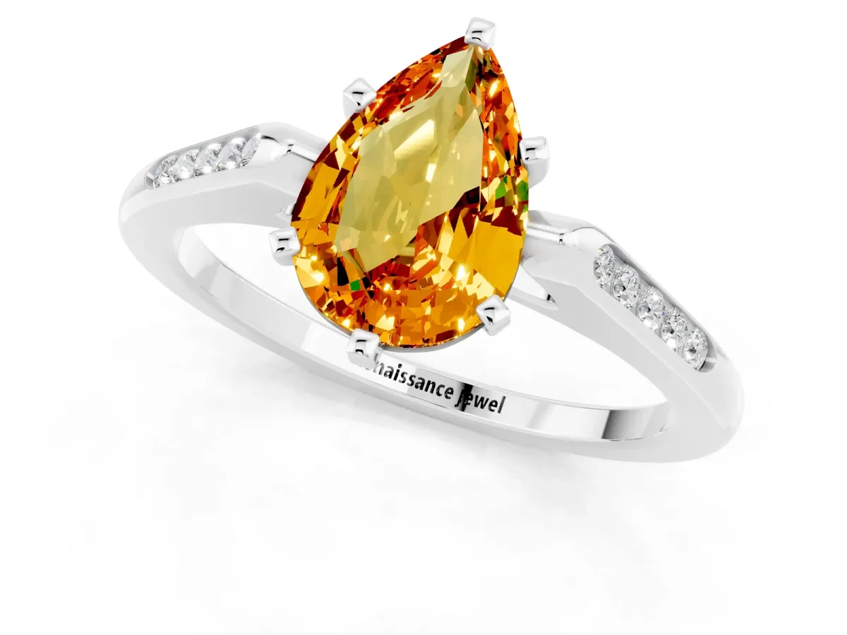 Pear Cut Citrine Solitaire Ring with Channel Set Round Band and Prong Setting Silver