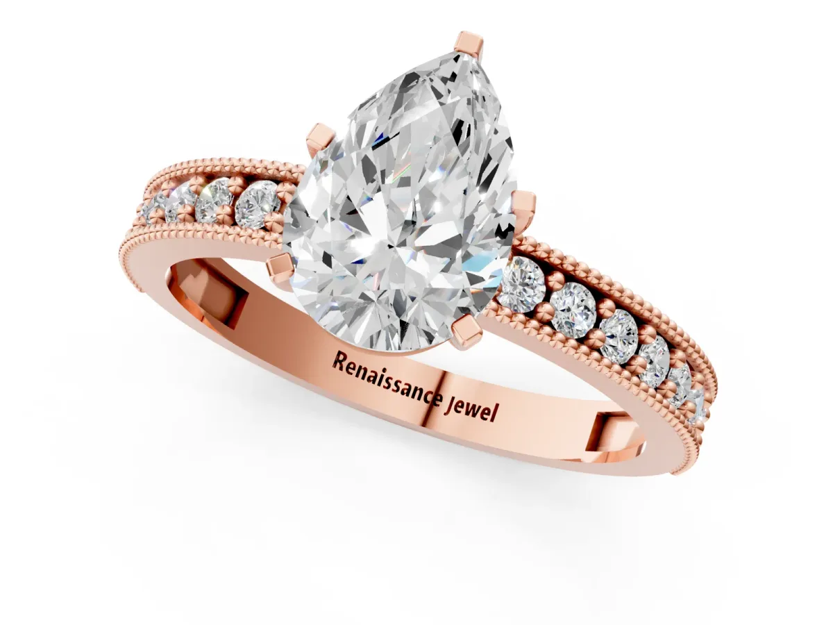 Pear Cut Diamond Milgrain Pavé Engagement Ring with Four-Prong Setting Rose gold