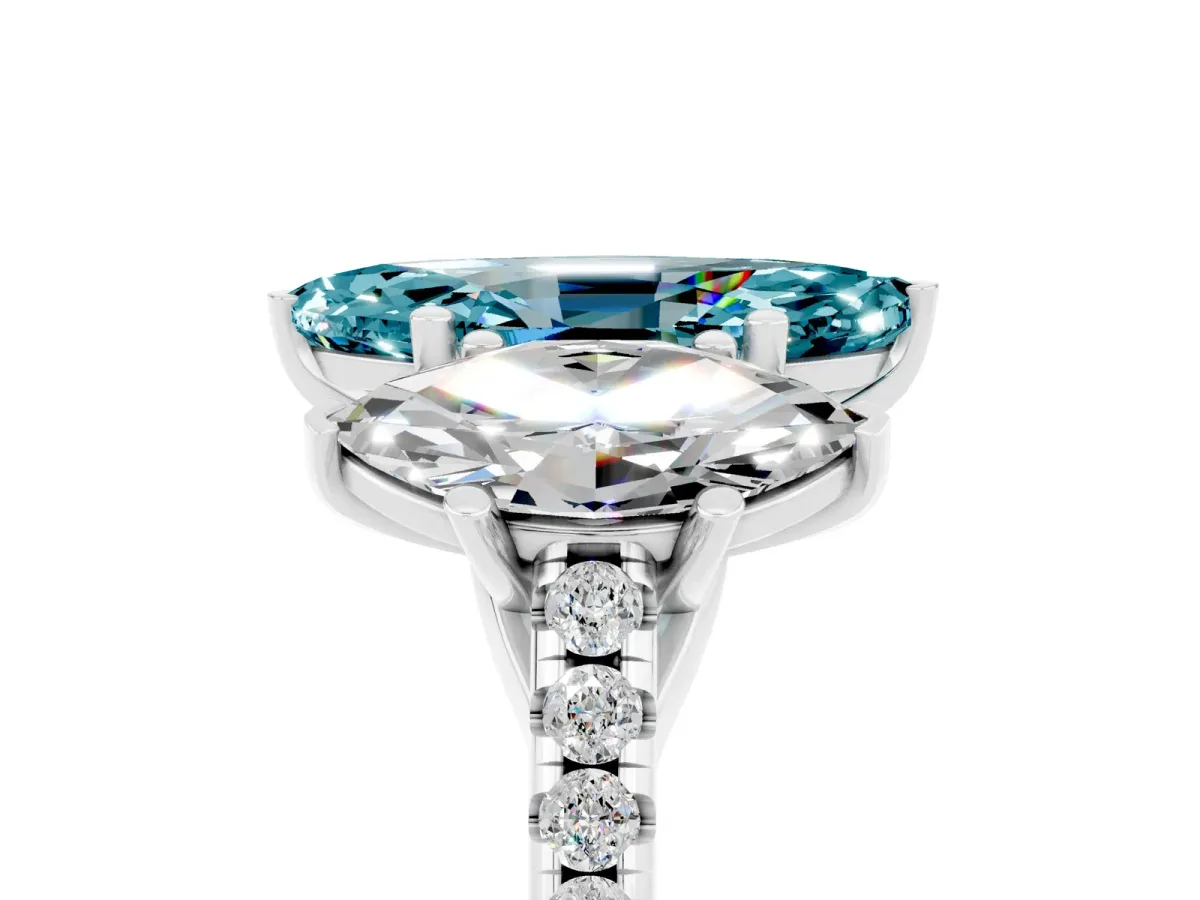 Three-Stone Marquise Cut Blue Topaz Ring with Round Pavé Band and Prong Setting Silver
