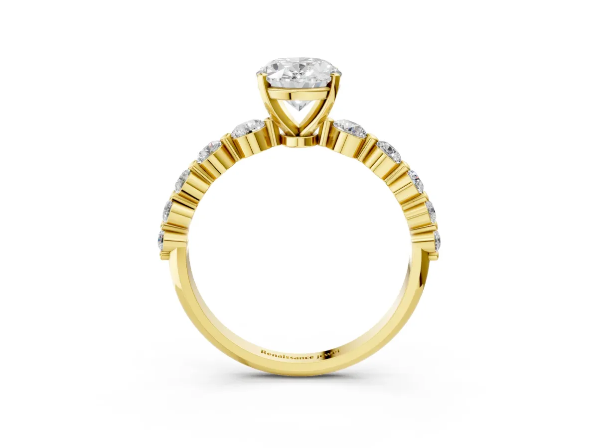 Oval Cut Solitaire Diamond Ring with Pave Band and Four-Prong Setting Yellow gold