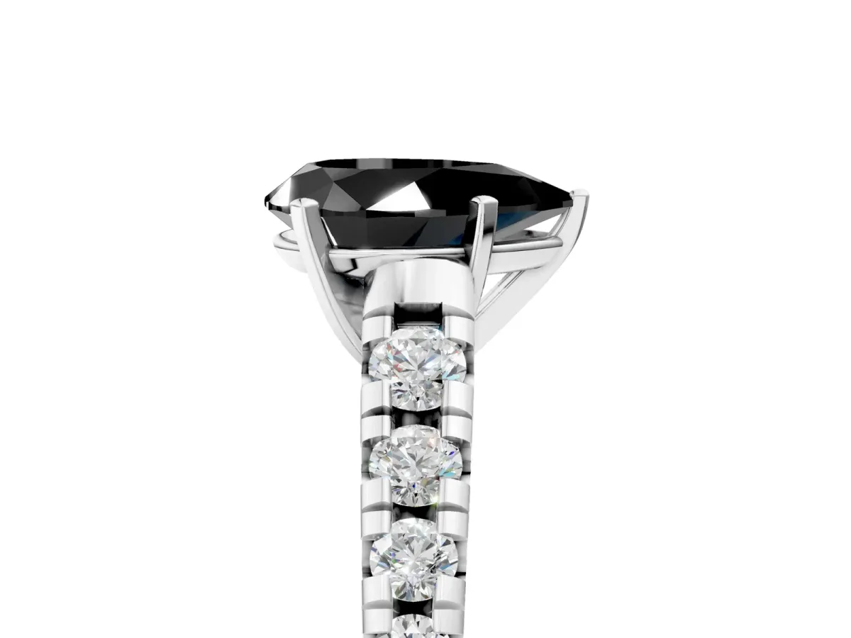 Fancy Black Pear Cut Diamond Cathedral Solitaire Ring with Round Pavé Band Platinum