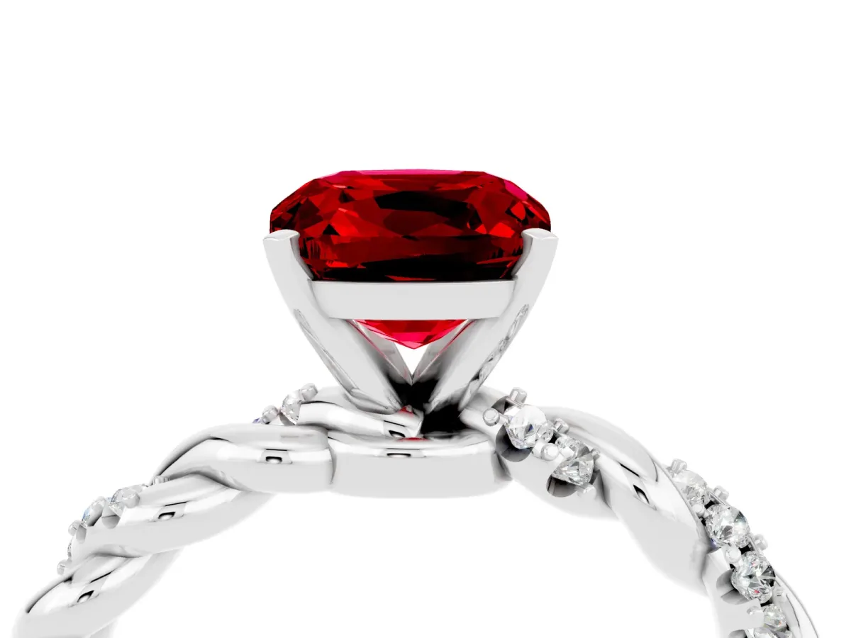Cushion Cut Ruby Solitaire Ring with Twisted Band and Pavé Accents White gold
