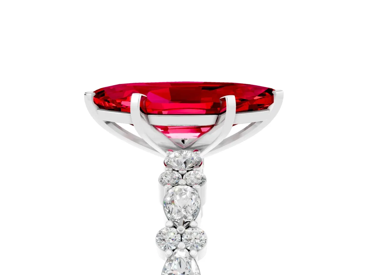 Marquise Cut Ruby Side Stone Solitaire Ring with Round and Four-Prong Setting Platinum
