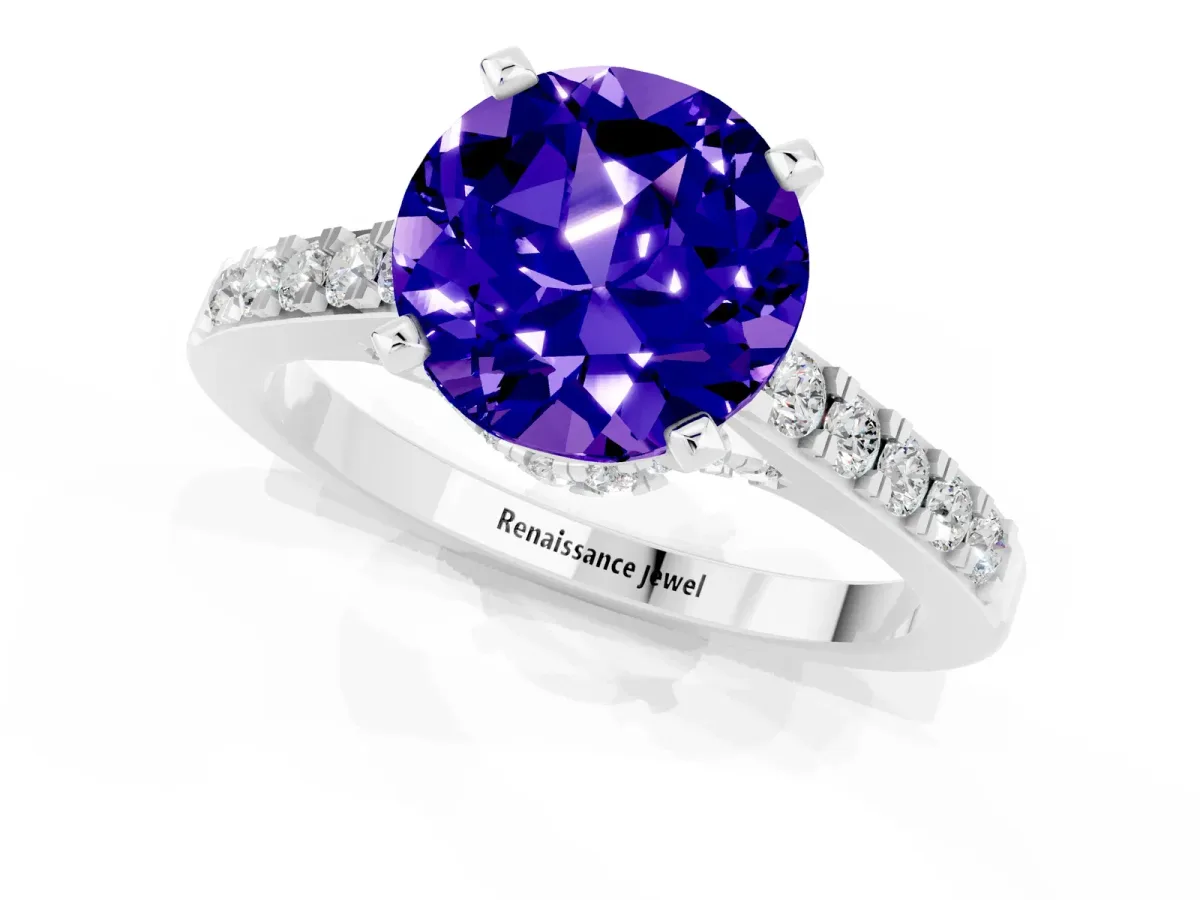 Round Cut Tanzanite Solitaire Ring with Crossover Gallery and Round Pavé Band Silver