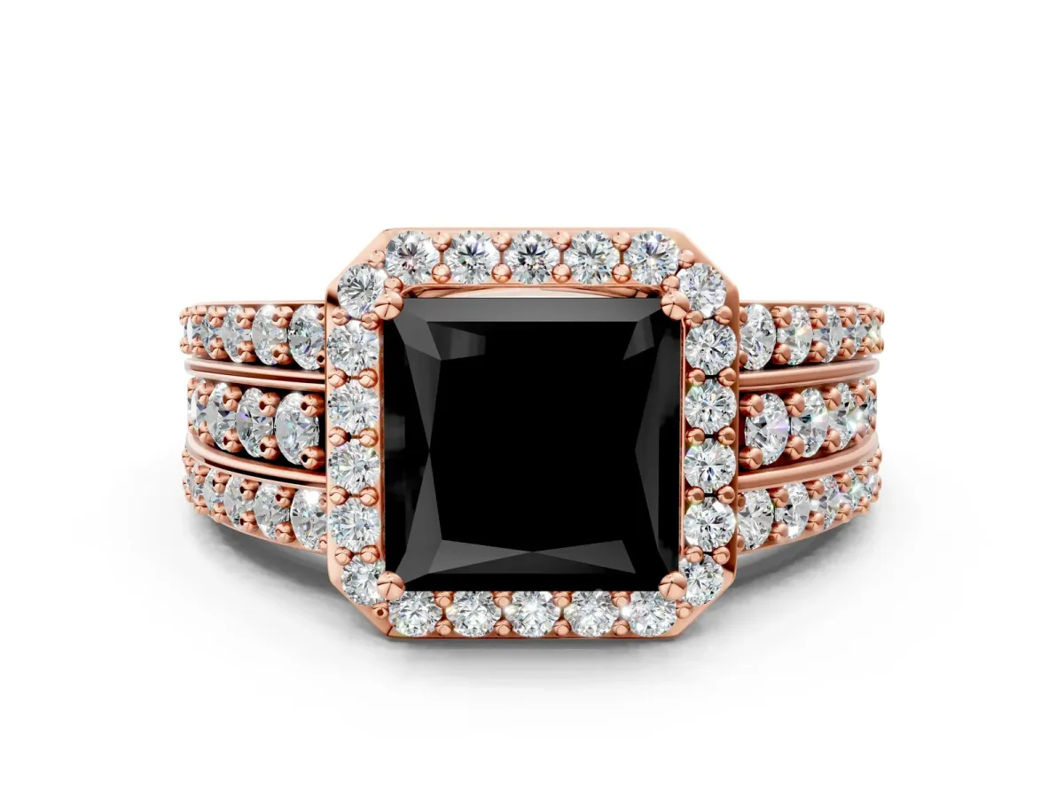 Fancy Black Princess Cut Halo Diamond Ring with Round Split Shank and Prong Setting Rose gold