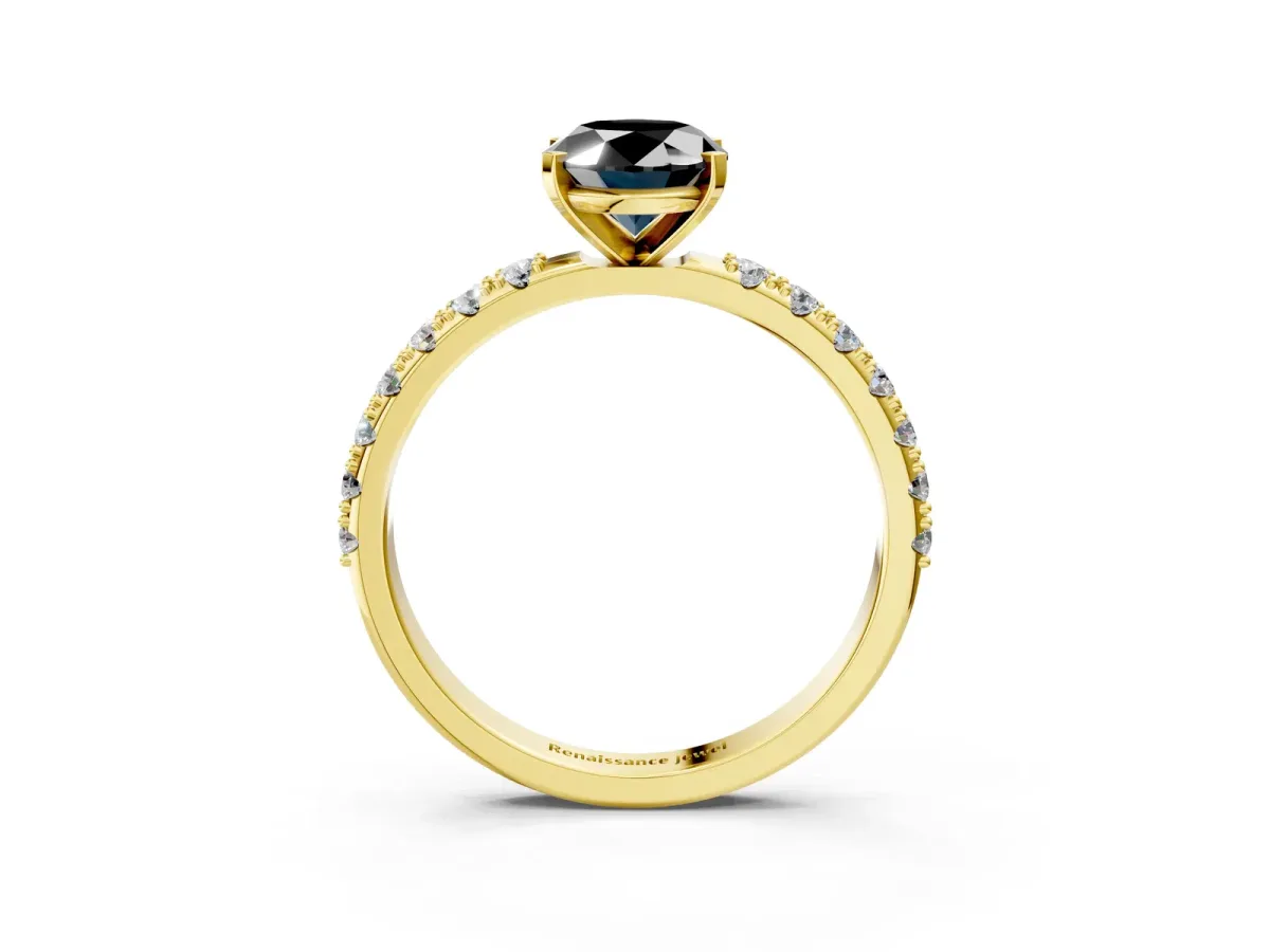 Fancy Black Oval Cut Diamond Solitaire Pavé Band with Four-Prong Setting Yellow gold