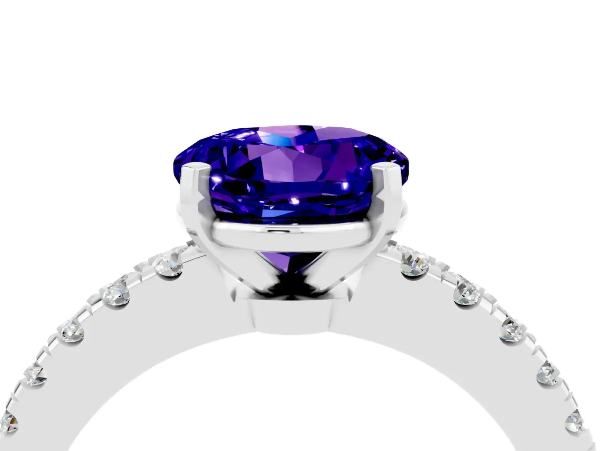 Round Cut Solitaire Tanzanite with Pavé Band and Four-Prong Setting Silver