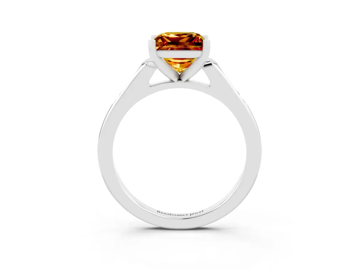 Princess Cut Citrine Solitaire Ring with Channel Set Round Band and Prong Setting Silver