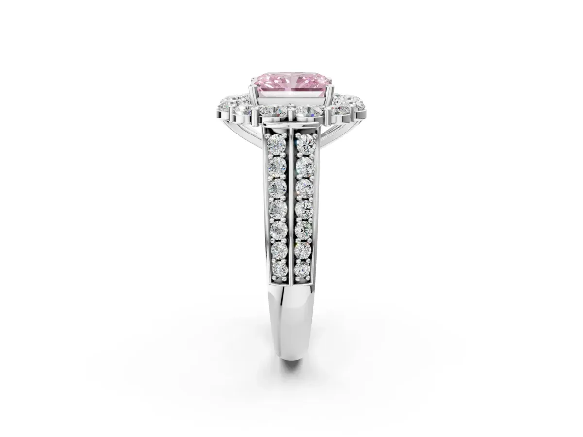 Fancy Pink Radiant Cut Halo Diamond Engagement Ring with Split Shank and Prong Setting Platinum