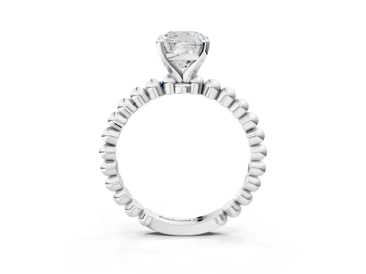 Cushion Cut Diamond Solitaire Ring with Beaded Band and Prong Setting Silver