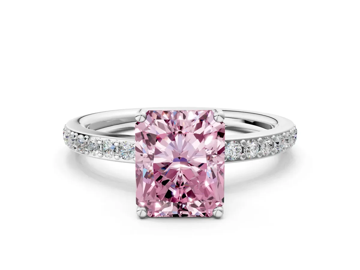 Fancy Pink Radiant Cut Cut Diamond Pavé Band Ring with Four-Prong Setting Platinum