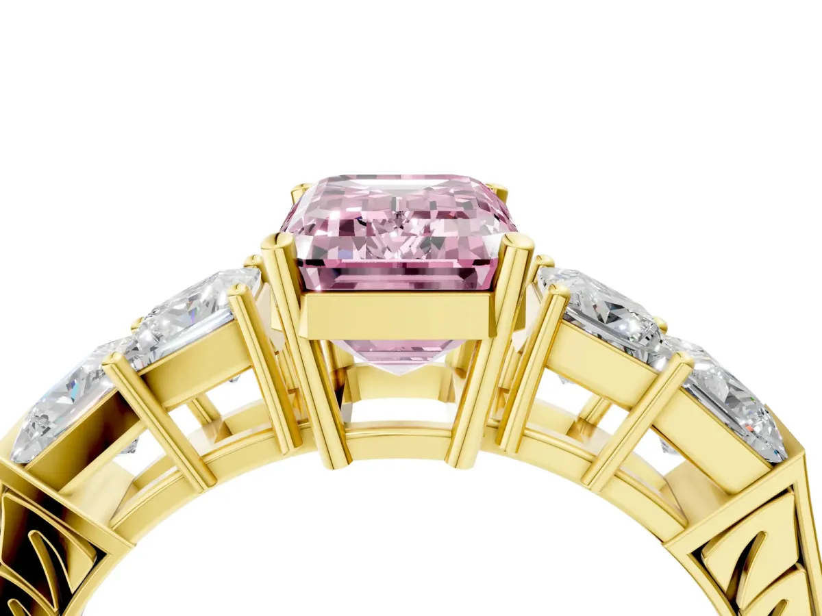 Fancy Pink Emerald Cut Solitaire Princess Side Stone Engraved Band Prong Setting Ring Yellow gold