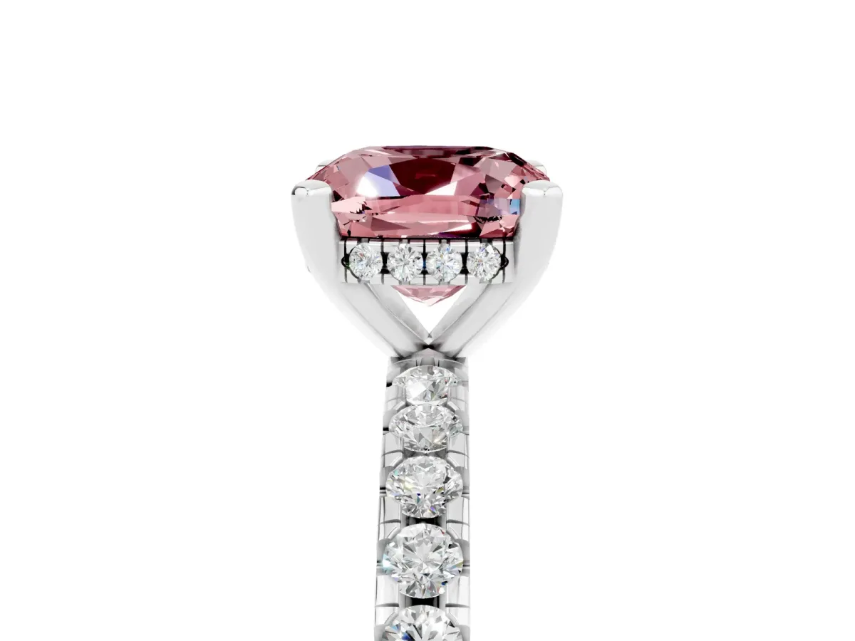 Cushion Cut Morganite Solitaire Ring with Round Pavé Band and Four-Prong Setting Silver