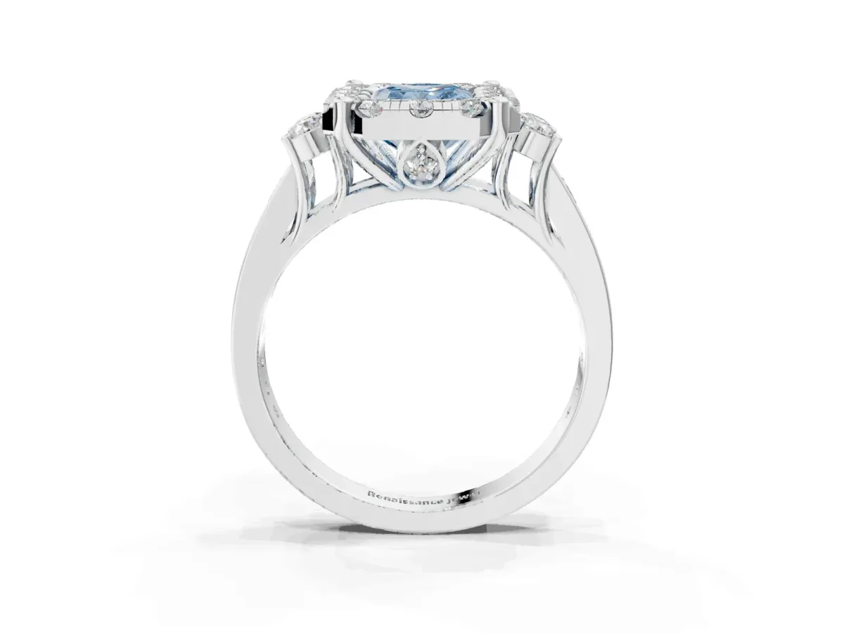 Fancy Blue Radiant Cut Halo Diamond Engagement Ring with Split Shank and Four-Prong Setting Platinum
