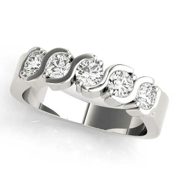 Five-Stone Round Diamond Wave Prong Setting White Gold Band Silver