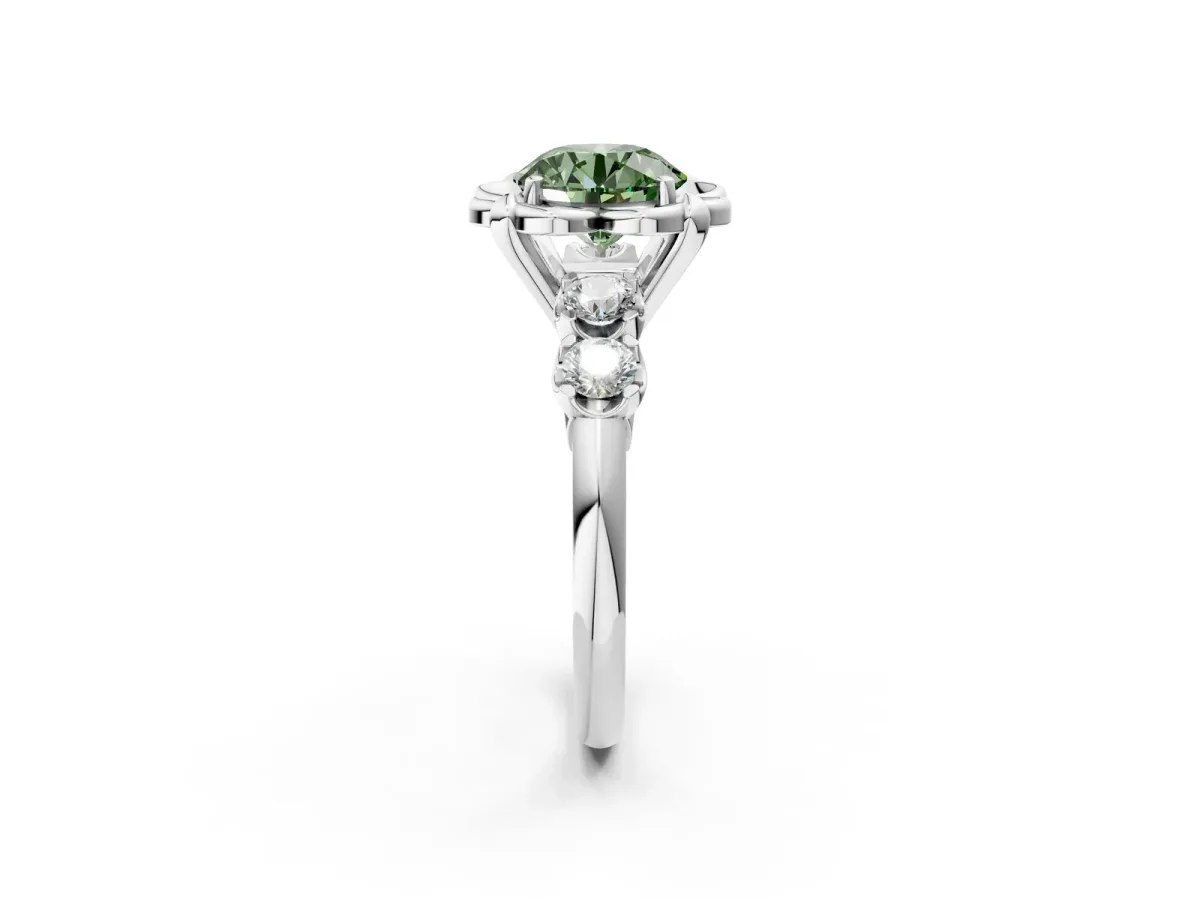 Fancy Green Round Cut Cut Diamond Floral Halo Engagement Ring with Shared Prong Setting Silver
