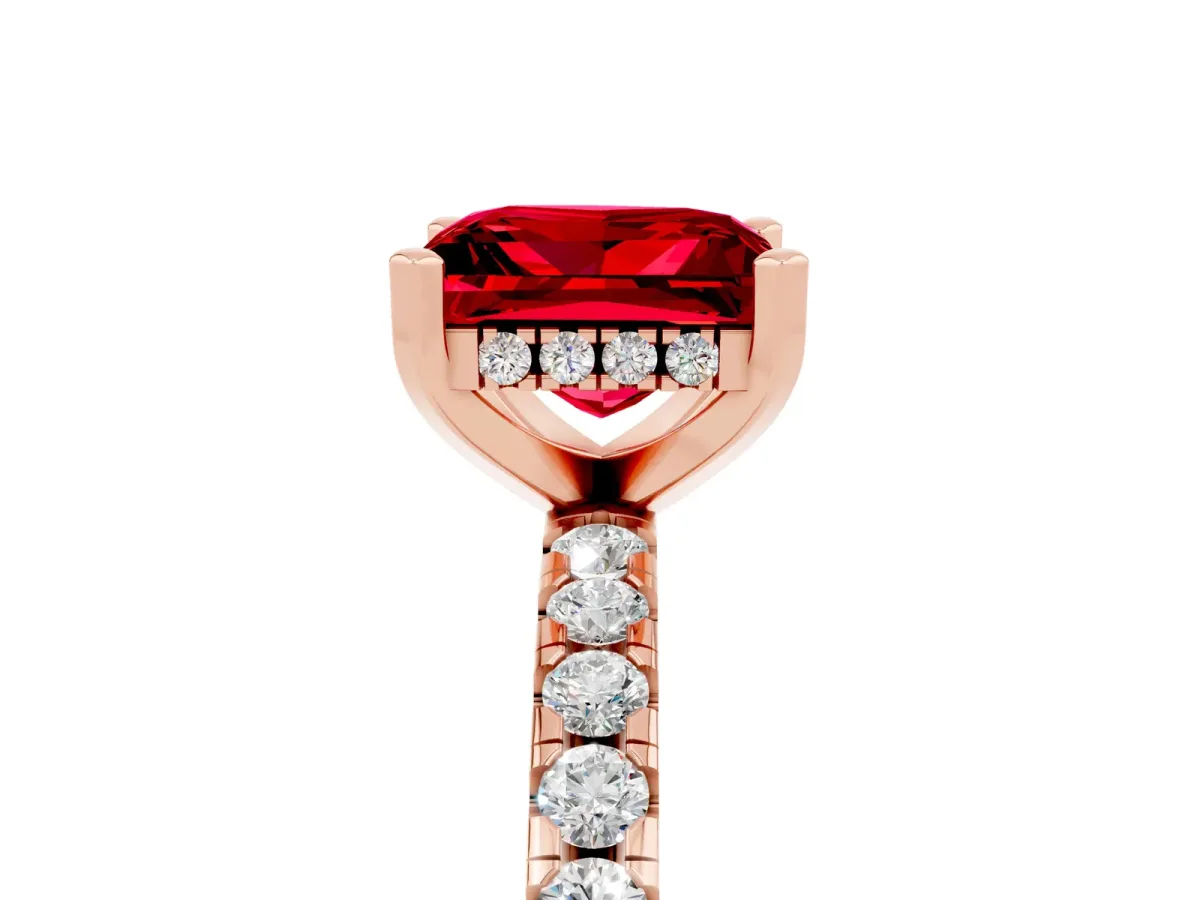Princess Cut Ruby Solitaire Ring with Round Pavé Band and Four-Prong Setting Rose gold