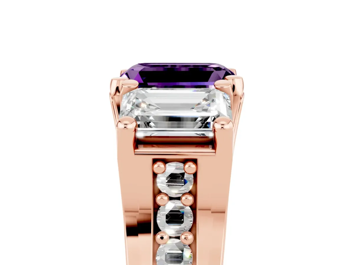 Emerald Cut Amethyst Three-Stone Ring with Channel Set Band and Four-Prong Setting Rose gold