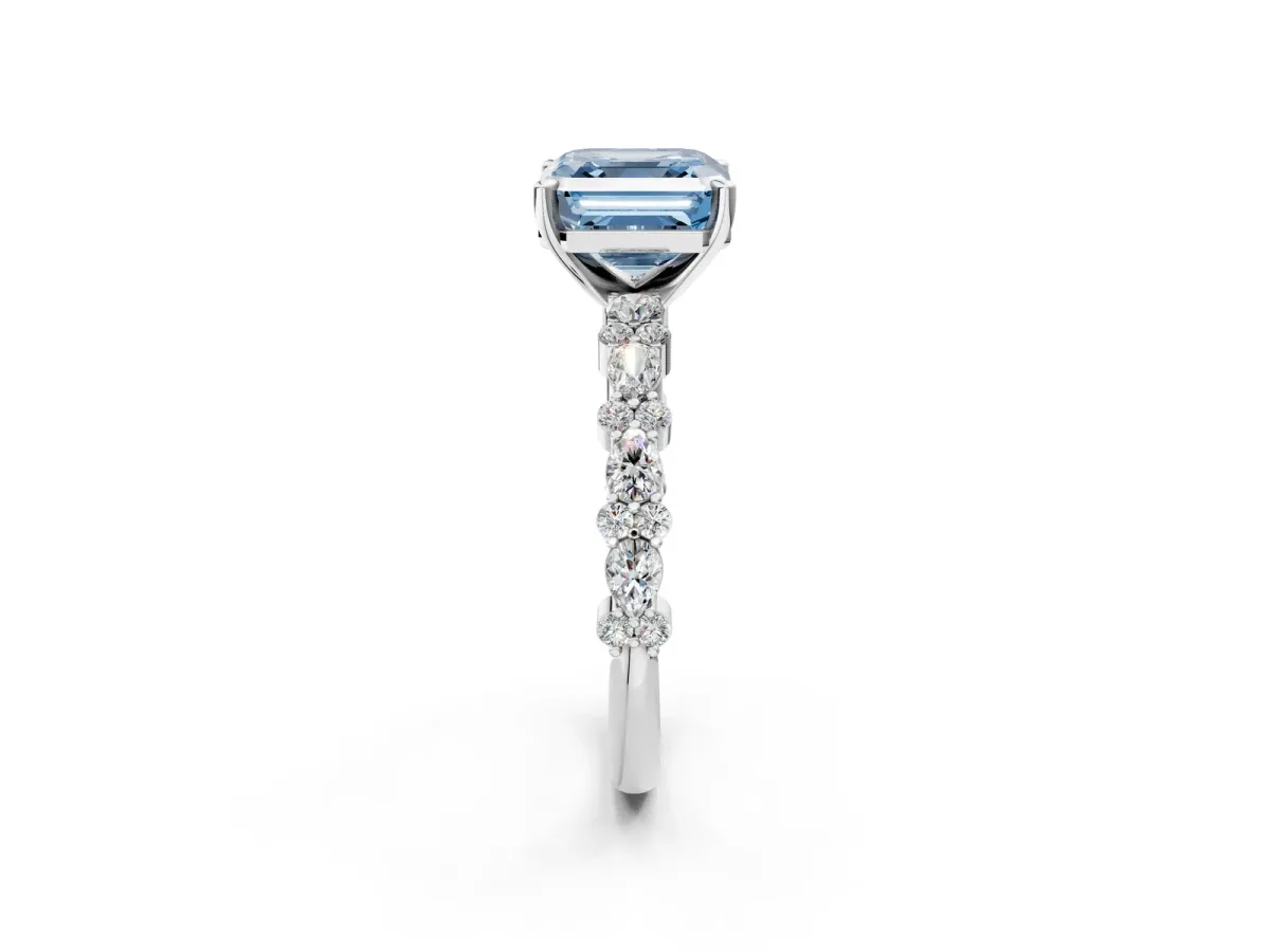 Fancy Blue Asscher Cut Diamond Side Stone Solitaire Ring with Round and Four-Prong Setting Platinum