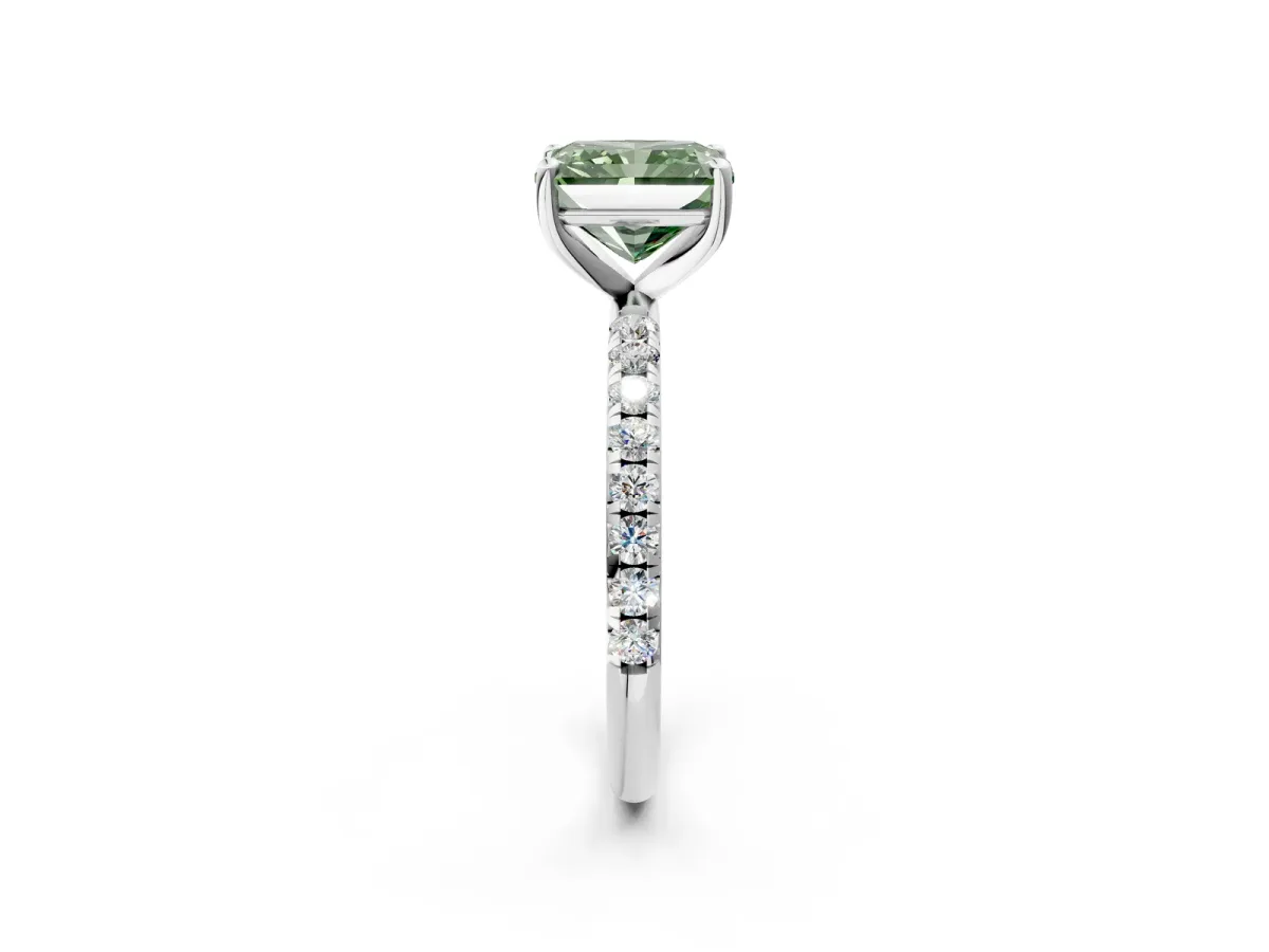 Fancy Green Radiant Cut Cut Diamond Solitaire Ring with Micro Pave Band and Four Prong Setting Platinum