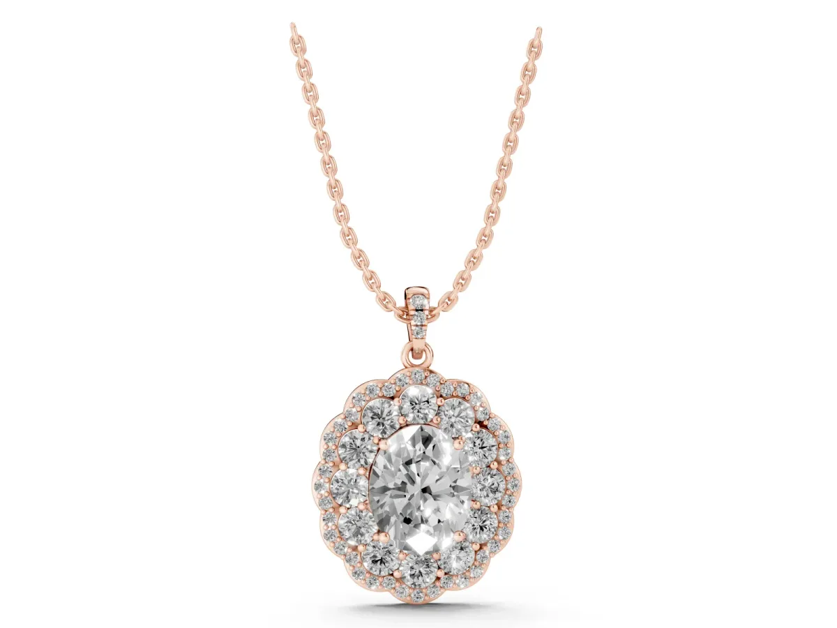 Oval Diamond Floral Halo Pendant with Diamond Accents Rose gold
