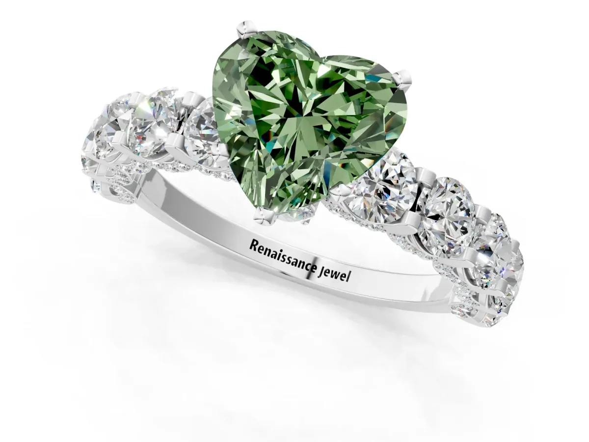 Fancy Green Heart Cut Diamond Side Stone Engagement Ring with Four-Prong Setting White gold
