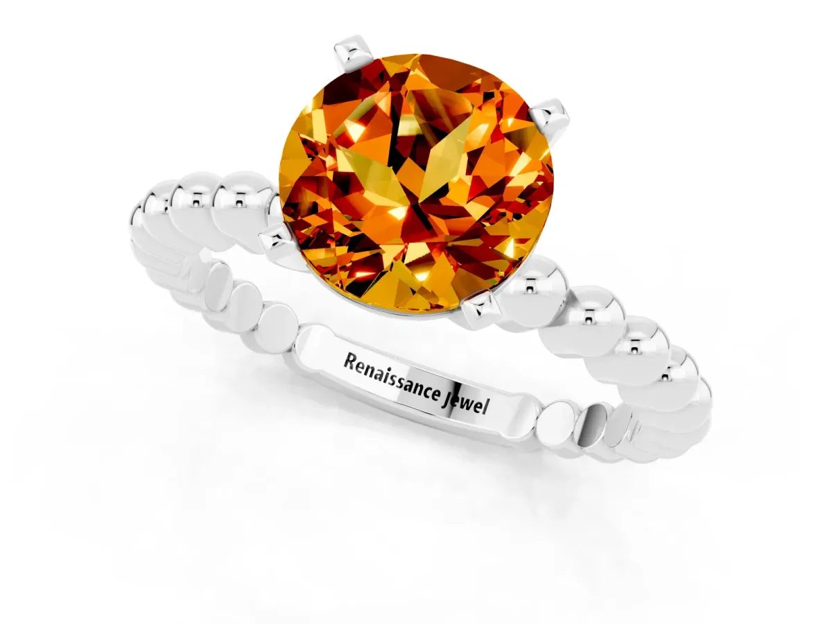 Round Cut Citrine Solitaire Ring with Beaded Band and Prong Setting Platinum